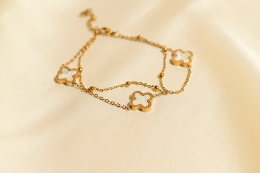 CLOVER DOUBLE CHAIN WHITE BRACELET